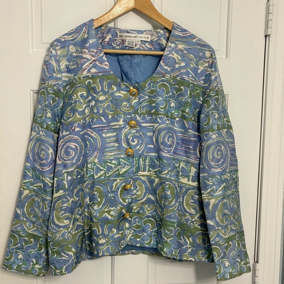Anne Crimmins 100% Silk‎ Vintage Jacket Lite Blue & Green Size 12 - Picture 1 of 3